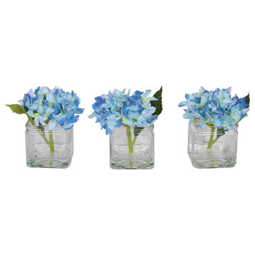 5" Blue Hydrangea In Glass Cube 3/Set