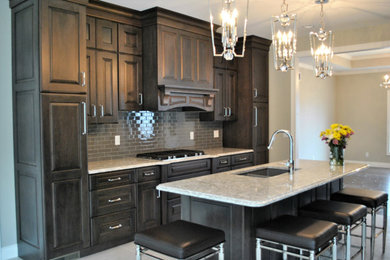 Mid-sized transitional single-wall porcelain tile open concept kitchen photo in St Louis with raised-panel cabinets, dark wood cabinets, gray backsplash, subway tile backsplash, stainless steel appliances, an island, a double-bowl sink and quartzite countertops