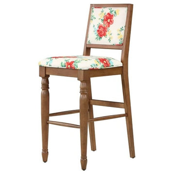 Set of 2 Bar Stool, Brown Hardwood Frame & Padded Seat With Floral Upholstery