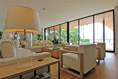 Mid-sized minimalist formal and open concept light wood floor living room photo in Miami with white walls, no fireplace and no tv