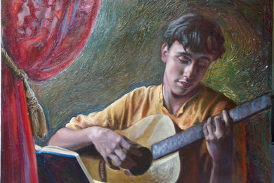 Fine art oil painting. the portrait of a young musician who is playing guitar