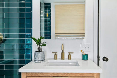 Inspiration for a mid-sized modern master single-sink bathroom remodel in DC Metro with light wood cabinets and a freestanding vanity