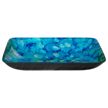 Blue and Green Water Lilies Rectangular Glass Vessel Sink for Bathroom, 22 X 14