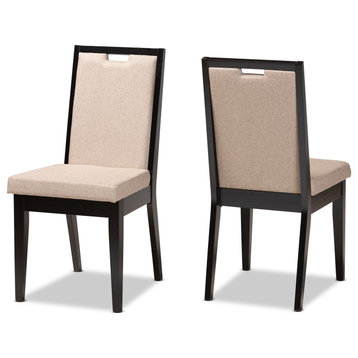 Sand Fabric Upholstered And Dark Brown Finished Wood Dining Chairs, Set of 2