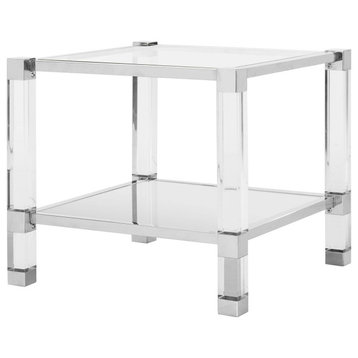 Modern Square End Table, Elegant Stainless Steel Frame & Acrylic Legs, Silver