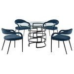Armen Living - Diaz Morgan Matte Black Iron and Blue Fabric Glass Dining Table 5-Piece Set - Strike a stylish impact with the Diaz Morgan 5 Piece Dining Set by Armen Living. This set includes 1 Diaz Contemporary Round Glass Dining Table and 4 Morgan Upholstered Dining Chairs in Fabric and Metal. The refined geometry and elegant details lend a luxe and sophisticated aesthetic to this dining set. Our dining table features a 48" round, glass top that rests upon a sleek, metal base. The bold curves and airy design are accentuated by the brushed stainless steel or matte black iron finish. This dining table serves as a smart and chic complement to our Morgan dining chairs. The floating, beautifully curved back and seamlessly flowing arms bring notes of opulence to these dining chairs. Its back, armrest, and seat are fully upholstered to offer hours of comfort. It is covered in performance fabric to provide easy care and maintenance. Altogether, this dining set lends a sleek and stylish upgrade to your kitchen, dining room, or living space. It evokes luxury and comfort for your intimate dinners and family gatherings. Crafted from premium materials, our dining set ensures durability and quality for years to come. The Diaz Morgan 5 Piece Round Glass Dining Table Set is available in matching finishes and a variety of colors, or sold separately to achieve any look you desire.