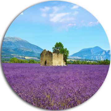 Old House And Tree In Lavender Field, Landscape Round Artwork, 11"