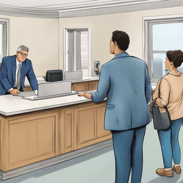 Three people talking to a man beside the table