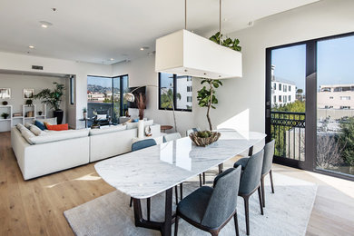 Inspiration for a large contemporary light wood floor great room remodel in Los Angeles with white walls