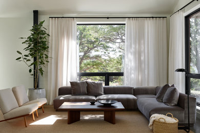 Example of a transitional living room design in Denver