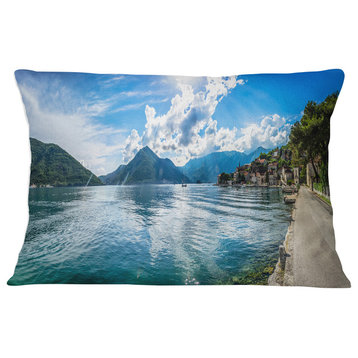 Kotor Bay on Summer Day Panorama Landscape Printed Throw Pillow, 12"x20"