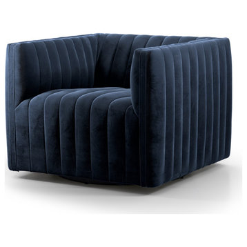 Augustine Channel Tufted Navy Velvet Swivel Chair