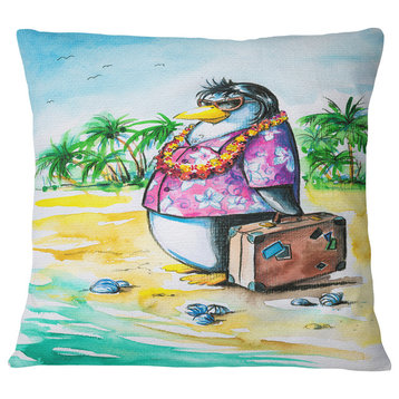 Designart Penguin Enjoying Holidays on Beach Cartoon Animal Pillow, 16"x16"