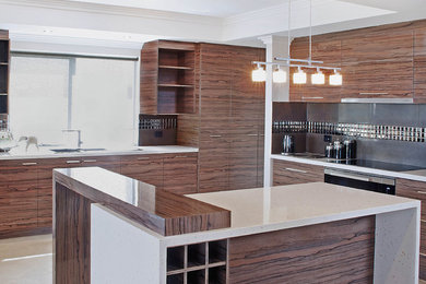 Design ideas for a large contemporary l-shaped open plan kitchen in Perth with a double-bowl sink, flat-panel cabinets, medium wood cabinets, quartz benchtops, grey splashback, glass sheet splashback, stainless steel appliances, ceramic floors, with island and beige floor.