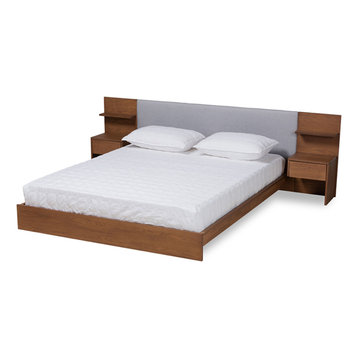 Light Gray Upholstered Queen Platform Storage Bed and Built-In Nightstands