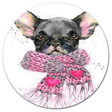 Cute Puppy Dog With Pink Shawl, Animal Disc Metal Wall Art, 11"