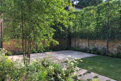 Cette image montre un petit jardin arrière minimaliste avec des pavés en pierre naturelle.