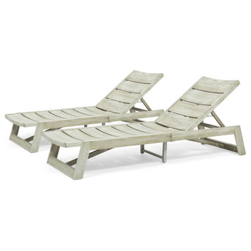 Angela Outdoor Wood and Iron Chaise Lounges, Set of 2, Light Gray Wash, Gray
