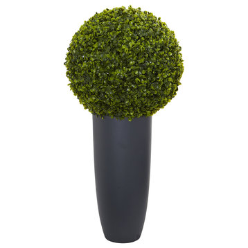 30" Boxwood Artificial Topiary Plant, Gray Cylinder Planter, Indoor/Outdoor