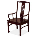 China Furniture and Arts - Rosewood Flower and Bird Motif Arm Chair, Dragon - Made of solid rosewood, the center panel and the sides form a unity of graceful lines on this open-back armchair. Carefully designed to comfortably fit the curvature of your back, this one panel back supports your back and waist as comfortably as any other design. Constructed with traditional joinery technique for long lasting durability, the legs are carved to terminate in a unique horseshoe shape. A delicately carved dragon motif takes the center of the back with eye-catching effect. Hand-applied dark cherry wood stain enhances the beauty of rosewood. Silk cushions sold separately.