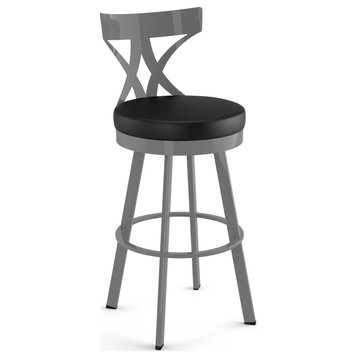 Amisco Washington Swivel Counter and Bar Stool, Charcoal Black Faux Leather / Metallic Grey Metal, Counter Height