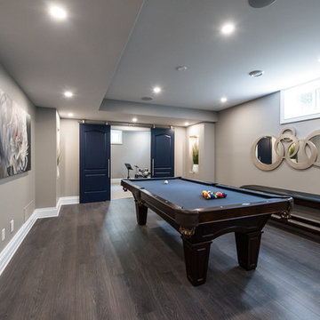 A basement with a hue of blue and sparkle