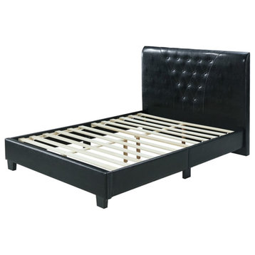 Hodedah Full Platform Bed with Upholstered Headboard and Wooden Frame in Black