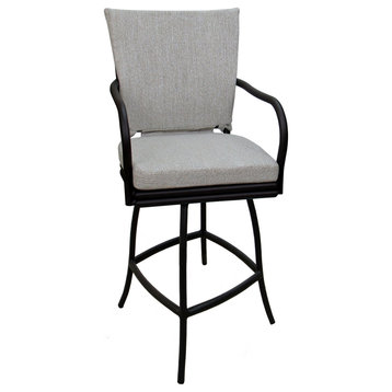 Outdoor Patio Swivel Bar Stool Ofir with Arms, White Linen - Black, 26"