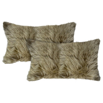 Set of Two Taupe Natural Sheepskin Lumbar Pillows