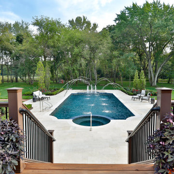 Barrington Hills, IL Scalloped Edge Pool with Round Hot Tub and Sunshelf
