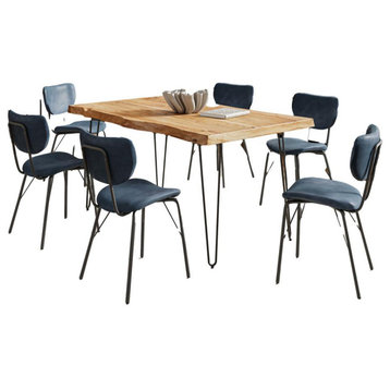 Modern Dining Set with Upholstered Contemporary Chairs - Natural and Slate Blue