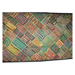 Mogul Interior - Wall Hanging- Indian Home Decorative Olive Green Yellow Kutch Embroidered - Tapestries