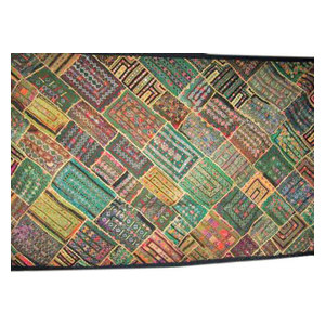 Mogul Interior - Wall Hanging- Indian Home Decorative Olive Green Yellow Kutch Embroidered - Tapestries