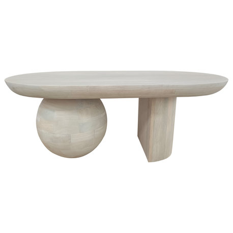 38" Coffee Table Oblong Mango Wood Top With a Modern Ball Leg Washed White