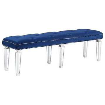 Transitional Accent Bench, Acrylic Legs & Velvet Seat With Nailhead, Blue