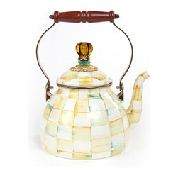 Parchment Check Enamel Tea Kettle - 2 Quart | MacKenzie-Childs - Kettles