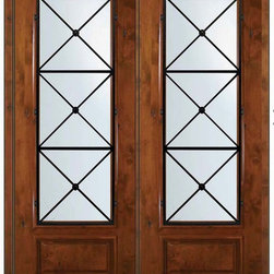 Prehung Double Door 96 Alder Republic 1 Panel 3/4 Lite Wrought Iron - Front Doors