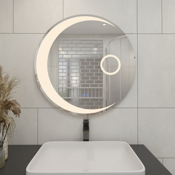 BNK Frameless Anti-Fog LED Wall Bathroom Mirror, 24", Round Mirror (Moon-Shaped Light)