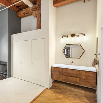 Golden Wood & Dark Charcoal Bathroom with Luxurious Steam Shower