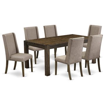 East West Furniture Lismore 7-piece Wood Dining Set in Jacobean Brown/Dark Khaki