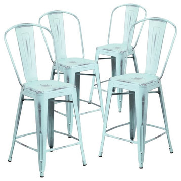 Metal Indoor Counter Stools Back Distressed Dream Blue 24" High, Set of 4