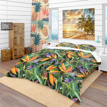 Tropical Pattern With Exotic Flowers Tropical Duvet Cover, Queen