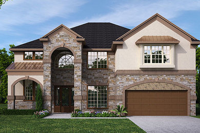 Mid-sized traditional brown two-story exterior home idea in Houston