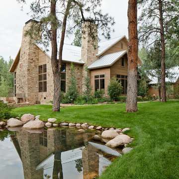 House front exterior and ponds