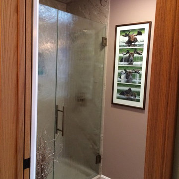Rustic Master Bath Natural Stone Shower Unit w/ Ceramic Pottery sink Design