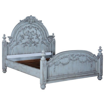 Bed Classical Queen Glazed Turquoise Blue Carved Solid Wood