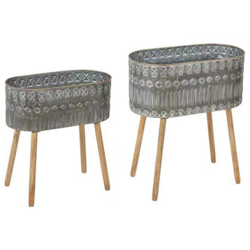 2-Piece Gray Stamped Design Metal Cachepot Planters with Wood Legs