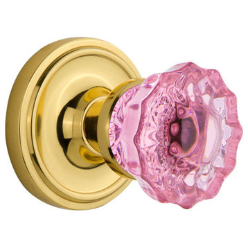 Classic Rosette Double Dummy Crystal Pink Glass Knob, Polished Brass