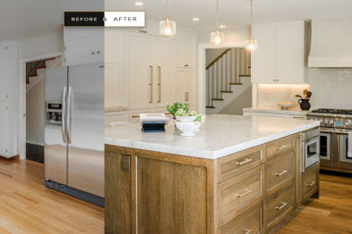 Transitional l-shaped medium tone wood floor and brown floor open concept kitchen photo in San Francisco with an undermount sink, shaker cabinets, white cabinets, quartzite countertops, white backsplash, stone slab backsplash, stainless steel appliances, an island and white countertops
