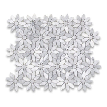Daisy Flower Tile Carrara Venato White Carrera Marble Mosaic Polished, 1 sheet